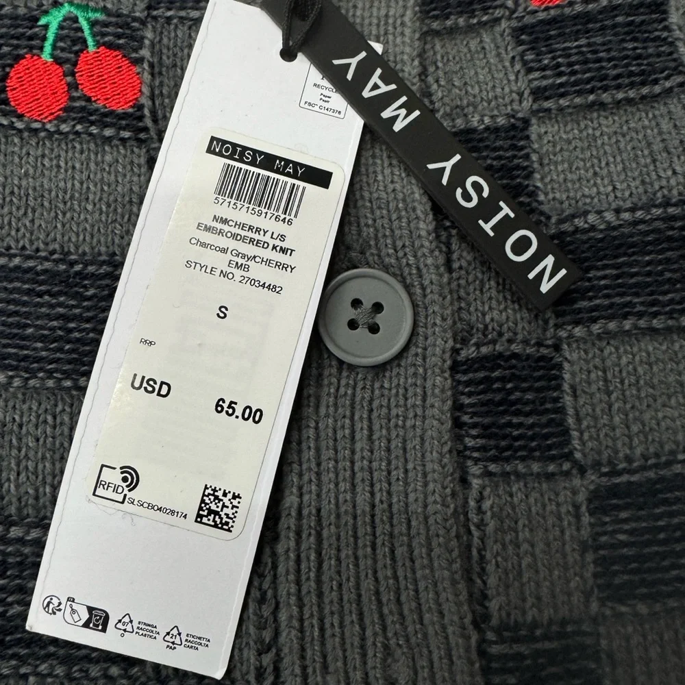 Women’s NWT‎ Noisy May Cardigan Size Small MSRP $65 Gray with Cherry Print